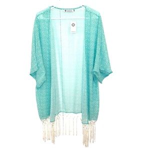 Women’s Fringe Short Sleeve Kimono Light Green